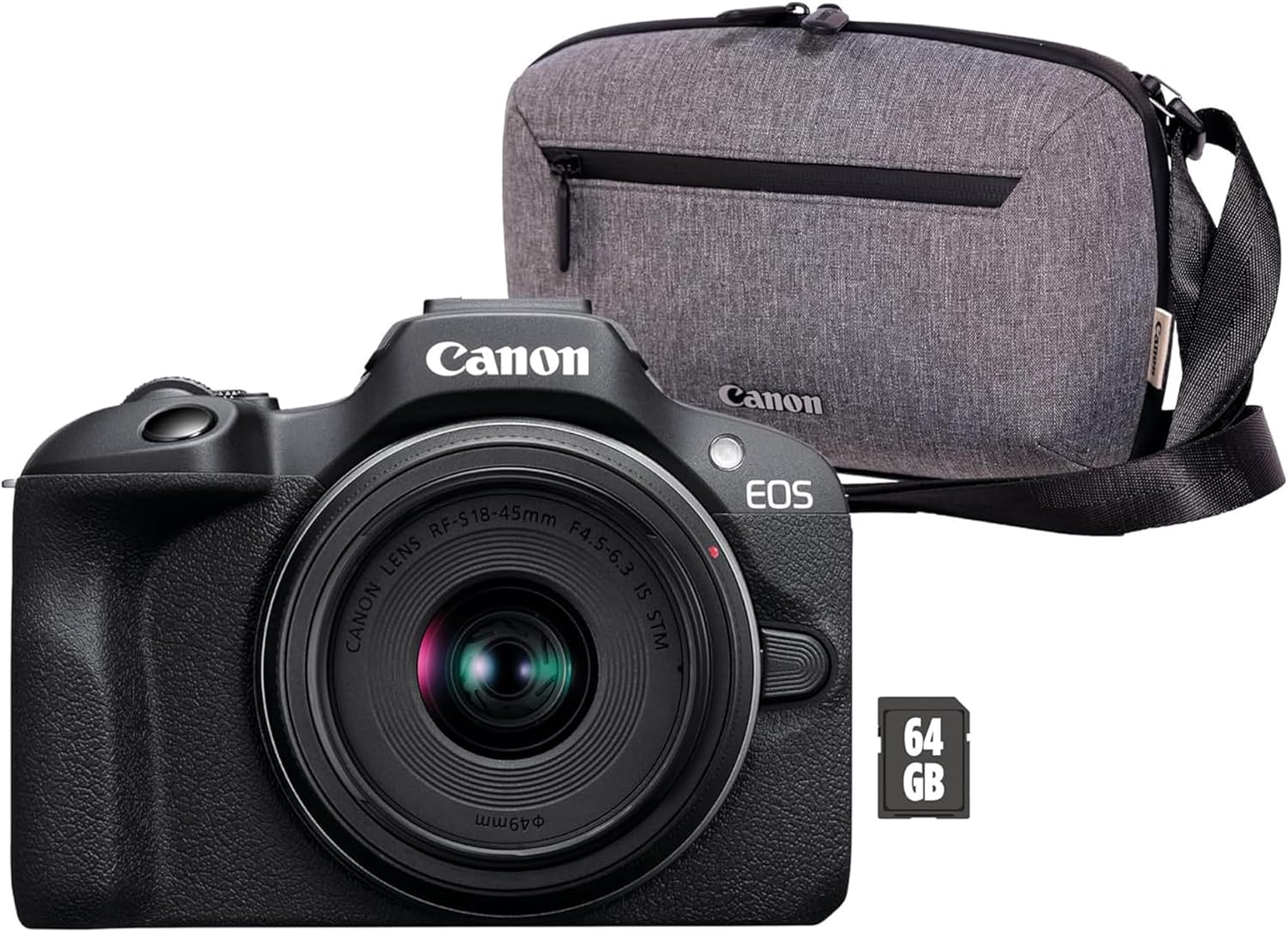Canon EOS R100 + RF-S 18-45mm F4.5-6.3 is STM Objektiv + Kameratasche + 64GB SD-Karte (Spiegellose Digitalkamera, 4k Videokamera, 24,1 Megapixel, Bildstabilisator, Objektivsteuerring, WLAN) schwarz
